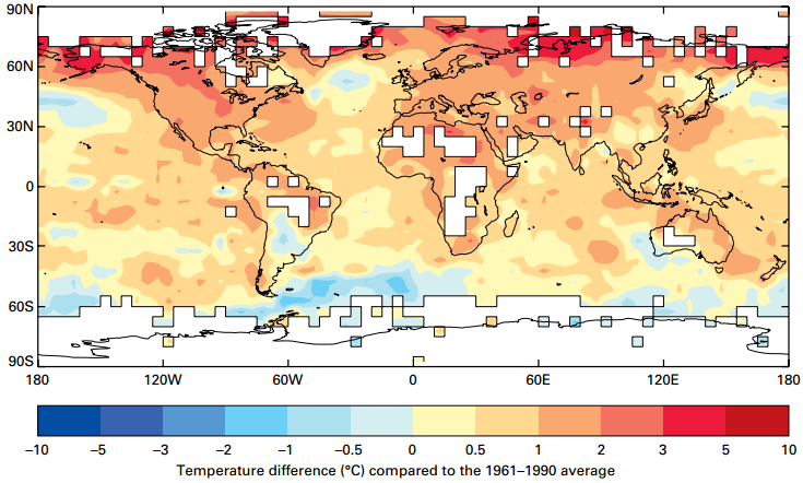 World Temperature Difference Map for dates between 1961 and 1990